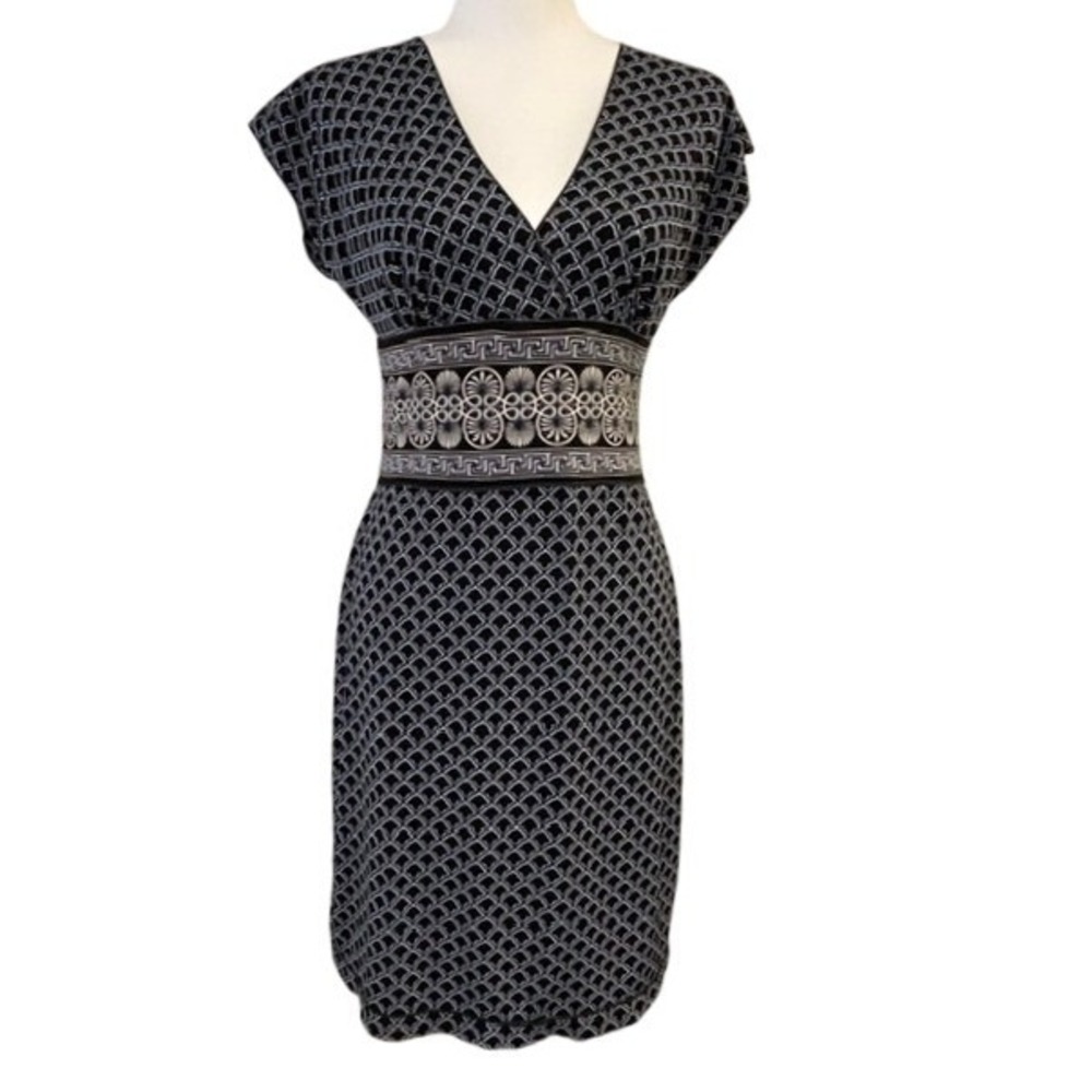 Max Studio Sheath Dress Black Blue Geometric Empire Waist Women S Excellent